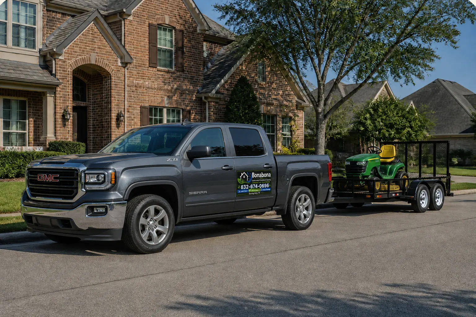 Bonabona Services GMC Sierra service truck with equipment trailer serving Katy, Texas