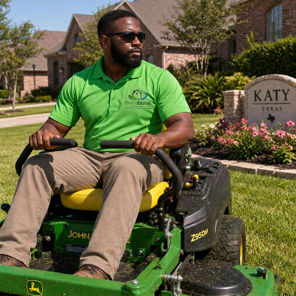 Professional lawn care team keeping a Katy yard neatly mowed